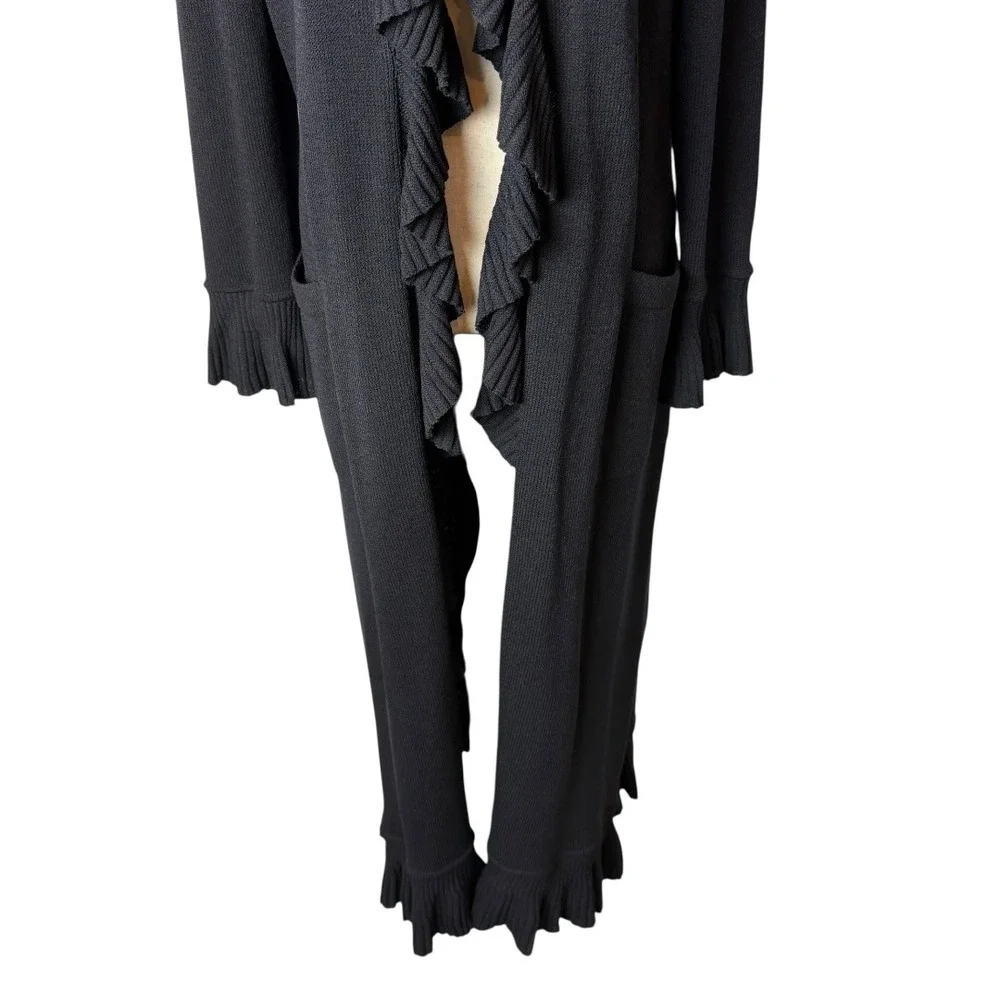 St John Collection Ruffle Knit Maxi Cardigan Women 6 Black Excellent Belted - Picture 7 of 11